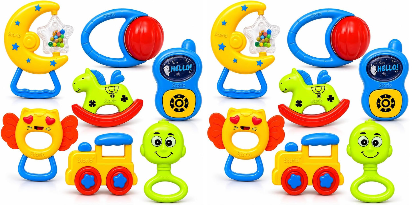 Storio Baby Rattle Gift Set | Newborn Sensory Toys For 012 Months | 6 Pc Rattle Set With Teether | Ideal Baby Shower Gift For B