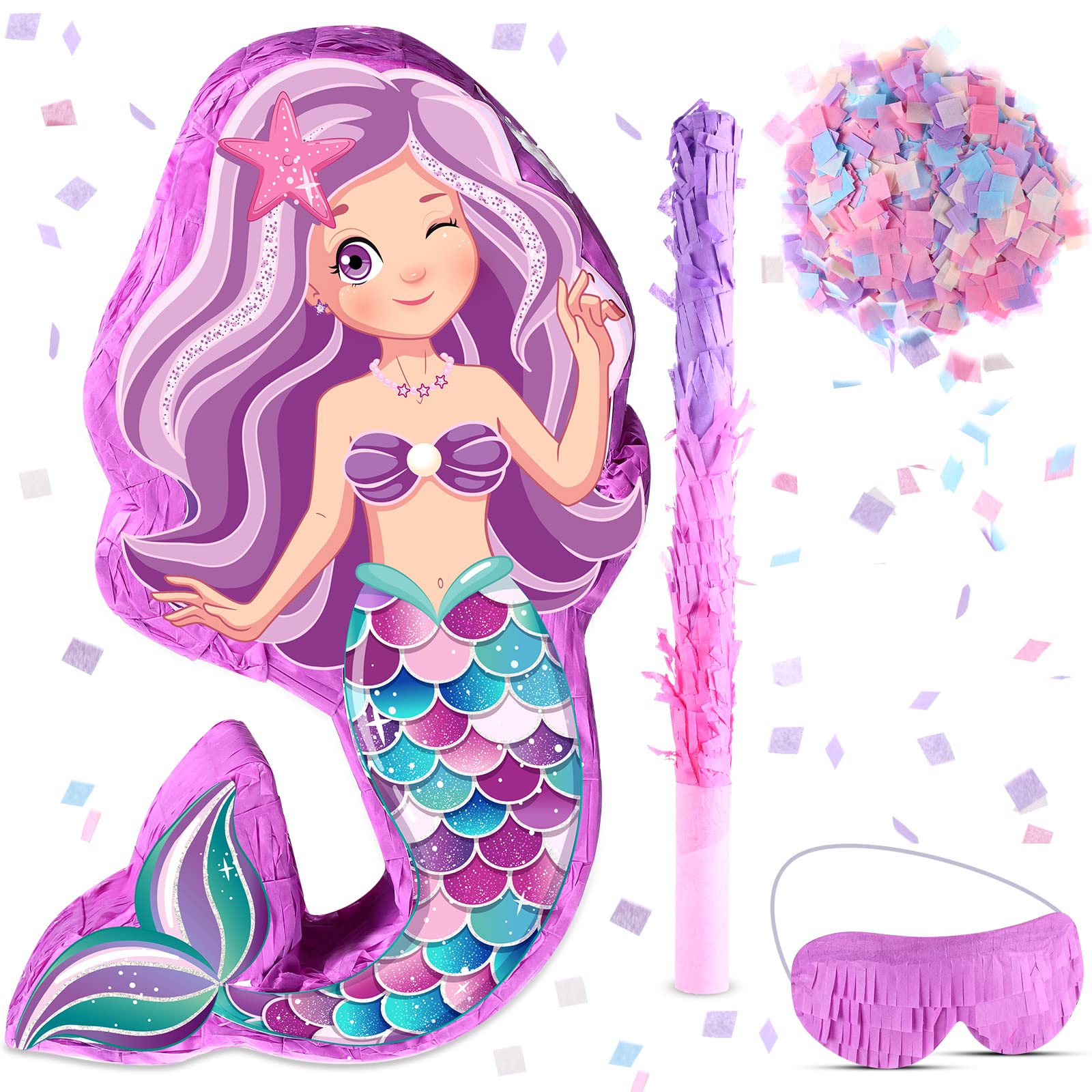 Suilung Mermaid Piata Bundle 18.9 Inch Mermaid Party Supplies with Blindfold, Bat and Filler for Under the Sea Mermaid Theme Bir