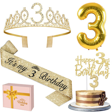 3rd Birthday Decorations for Girls, Including 3rd Birthday Sash and Tiara, Cake Topper and Candle 3, Number 3 Balloon Gold, 3 Bi