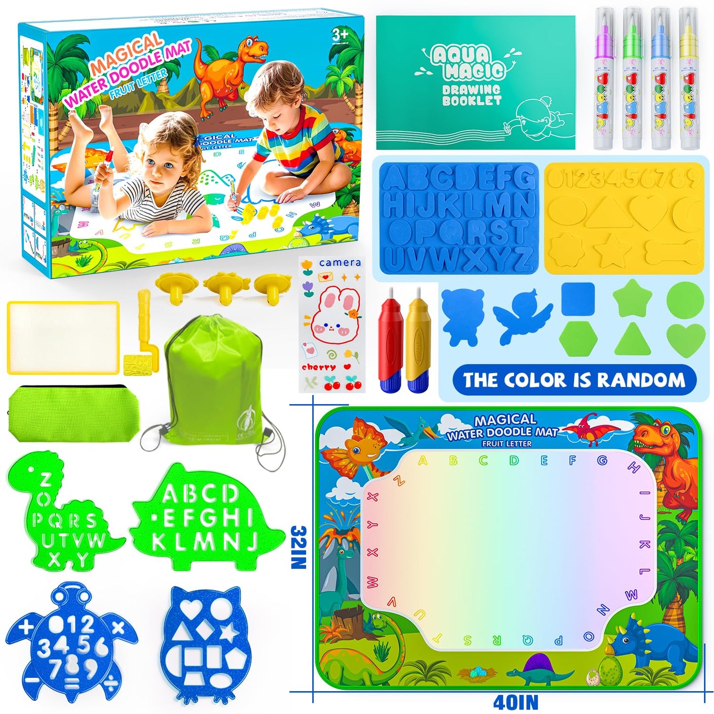 Water Doodle Mat for Kids 32x40 Inch, Reusable Coloring Mat Educational Toy for 3 4 5 6 7 8 Years Old Girls & Boys, Neon Color M