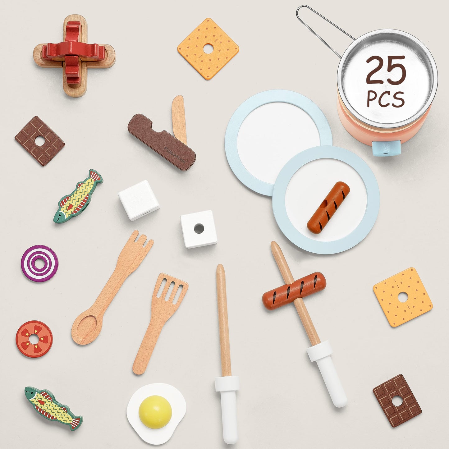 Pillowhale Wooden Campfire Playset - 25-Piece Kids SMores & Grill Pretend Camping Kitchen Toy, Glow-Look Fire, Skewers, Pan & Fo