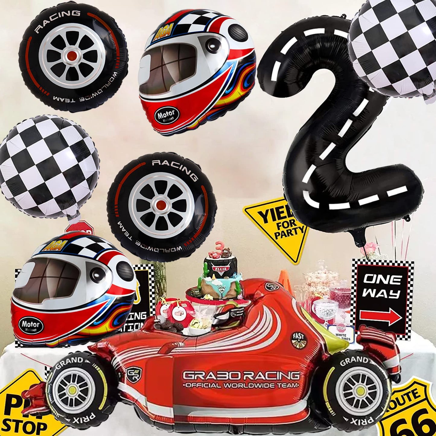 Stcomart 8 Pcs Race Car Party Decorations, Black Number 2 Balloon Checkered Balloons Tire Balloons For Boys 2Nd Birthday
