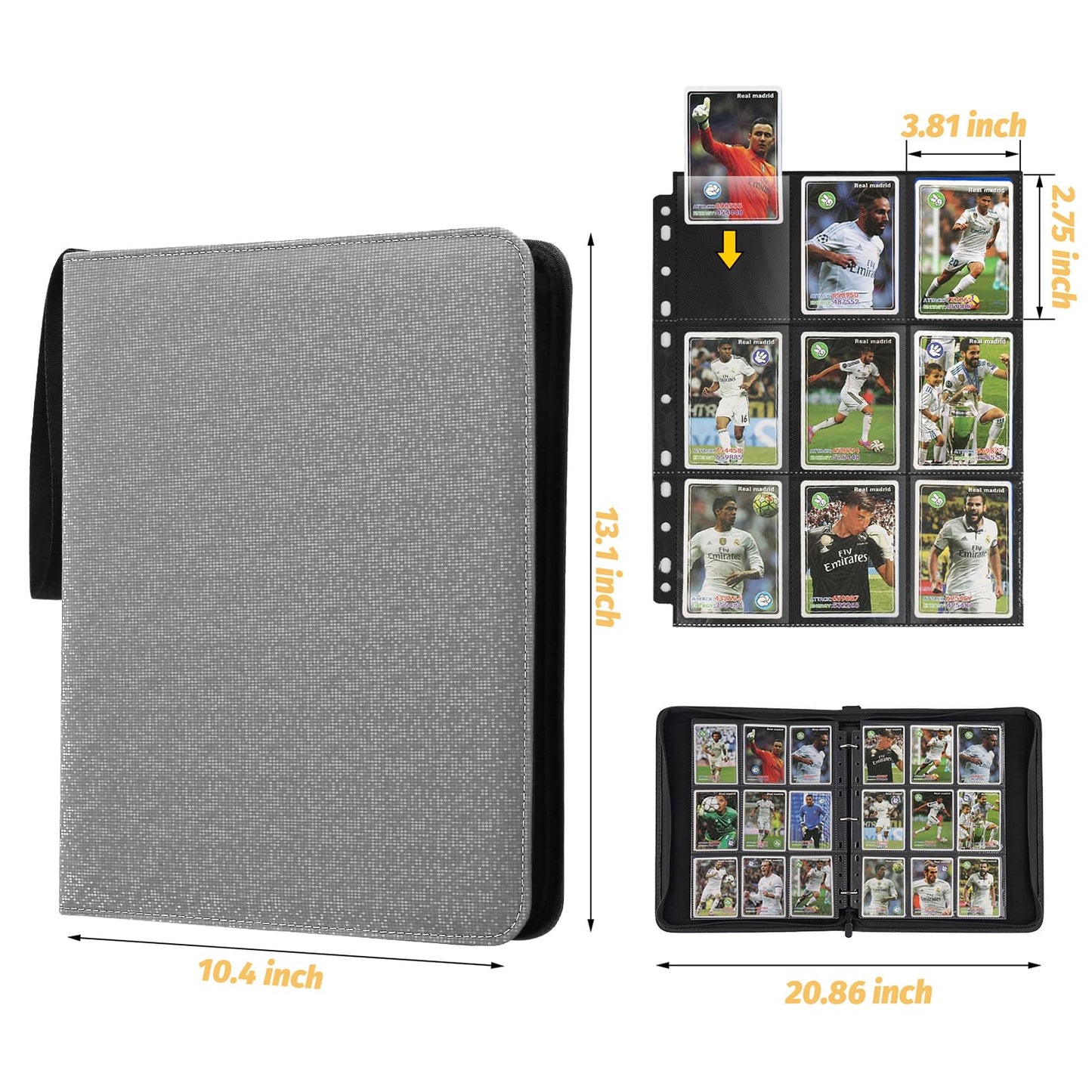 GERMUN 9 Pocket Card Binder  enhanced Zip Trading Card Binder  720 Double Sided Pocket PU Card Collection Binder  Collector Card Album  Card Folder for MTG  TCG  Sports Cards  Game Cards (Grey2)