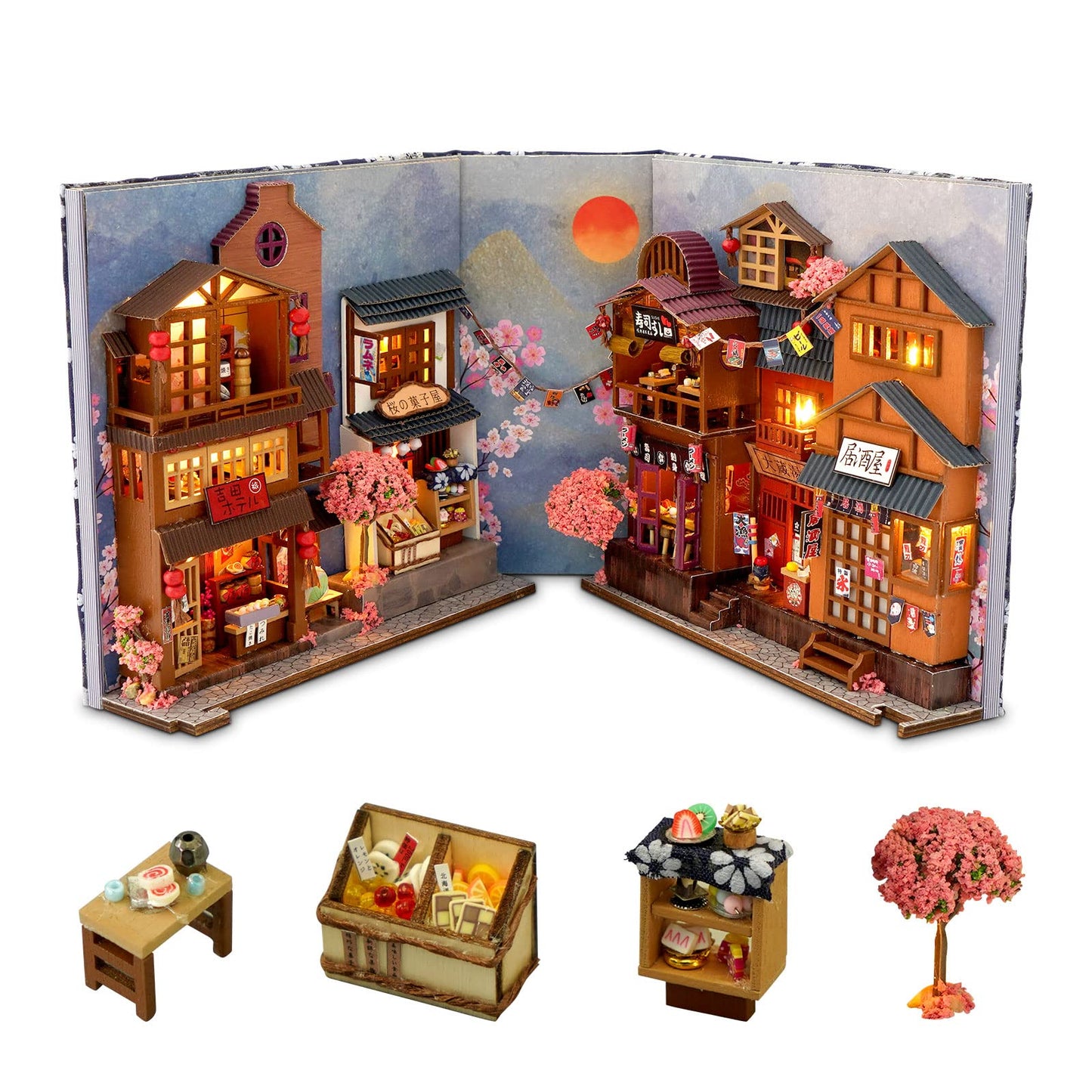 GuDoQi DIY Book Nook Kit  Dollhouse Wood Bookend  Booknook Bookshelf Insert  DIY Miniature Dollhouse Kit  Bookends Model Build for mature-themed  Gift for Birthday Easter Day  Sakura Japan Corner