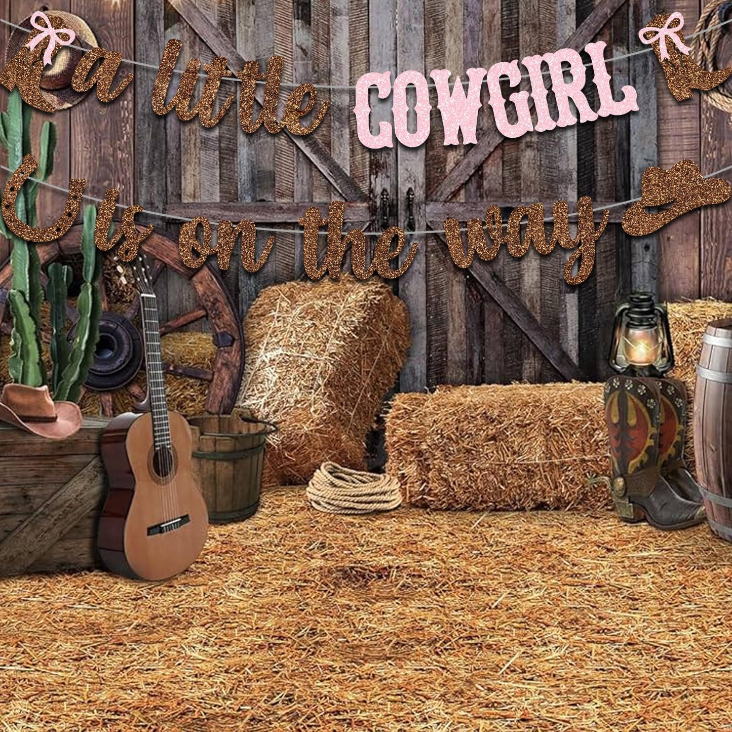 Cowgirl Baby Shower Decoration A Little Cowgirl is On The Way Banner Western Boots Hats Backdrop Pink
