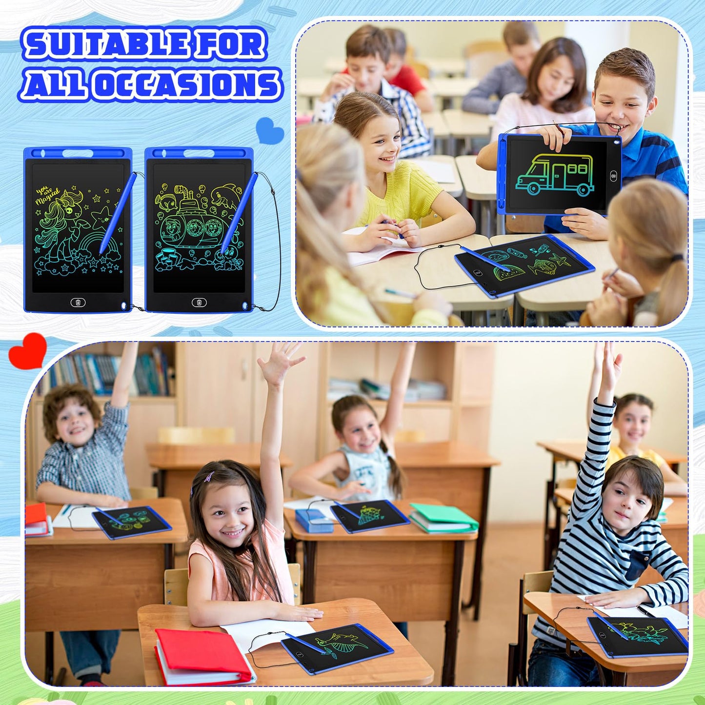 Zonon LCD Writing Tablet - 8.5 Inch Doodle Board, 4 Pcs, Erasable, Reusable, Colorful Screen Pad - Blue