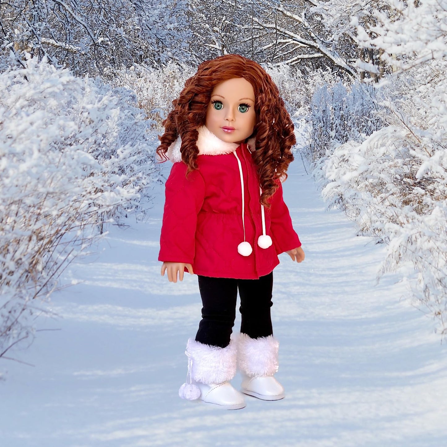 Winter Extravaganza - 3 Piece 18 Inch Doll Outfit - Red Quilted Parka, Black Leggings And White Boots - (Doll Not Included)