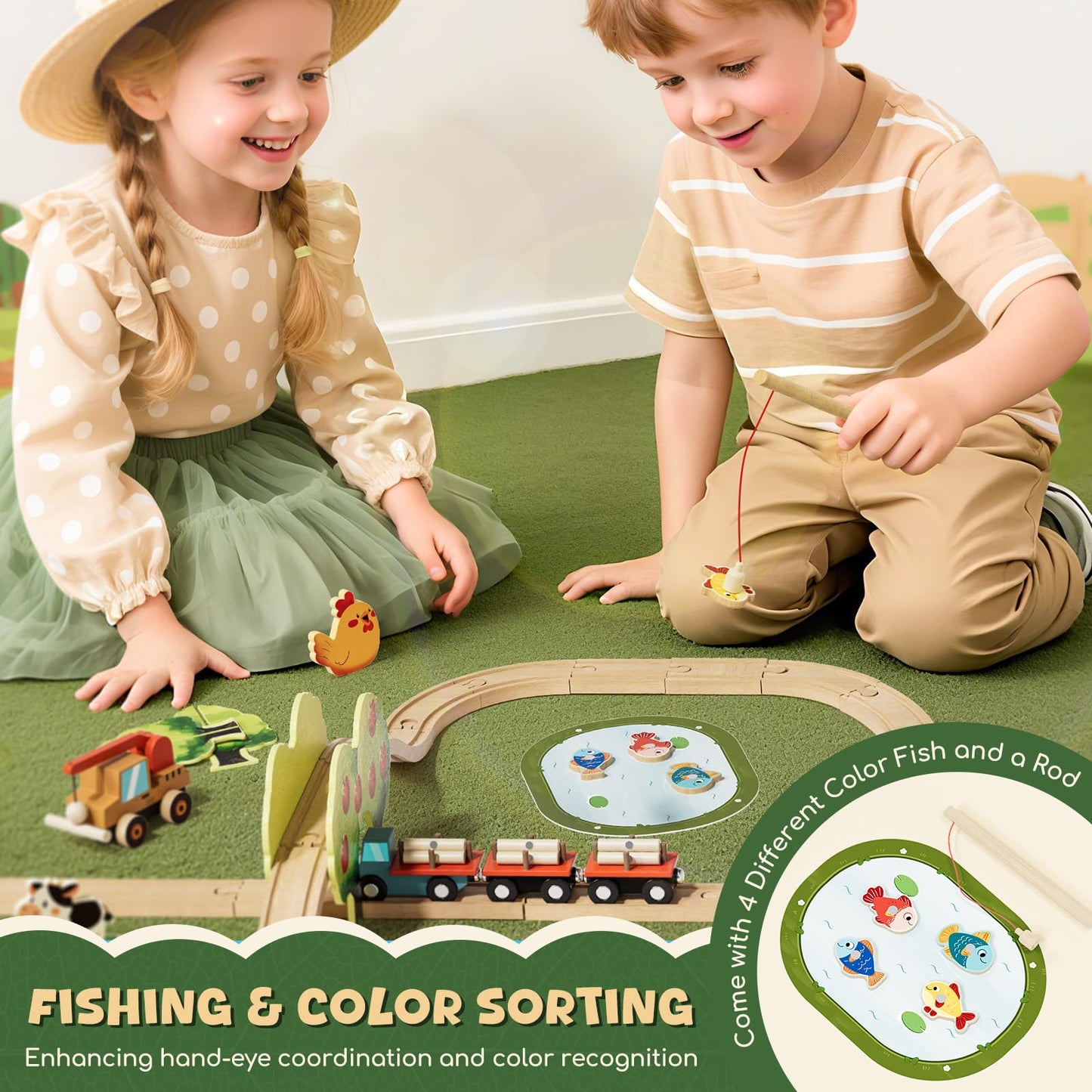 Lehoo Castle Wooden Train Set for Toddlers, Wooden Track & Farm Animals, Medium Size, Ideal Gift for 3-4 Year Old Boys