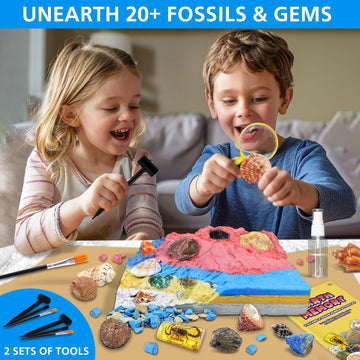Pibex Volcano & Ocean Fossil Dig Kit, Dig Up 20+ Real Fossils, Rocks, Shells & Sea Snails With Eruption Experiments, Earth Scien