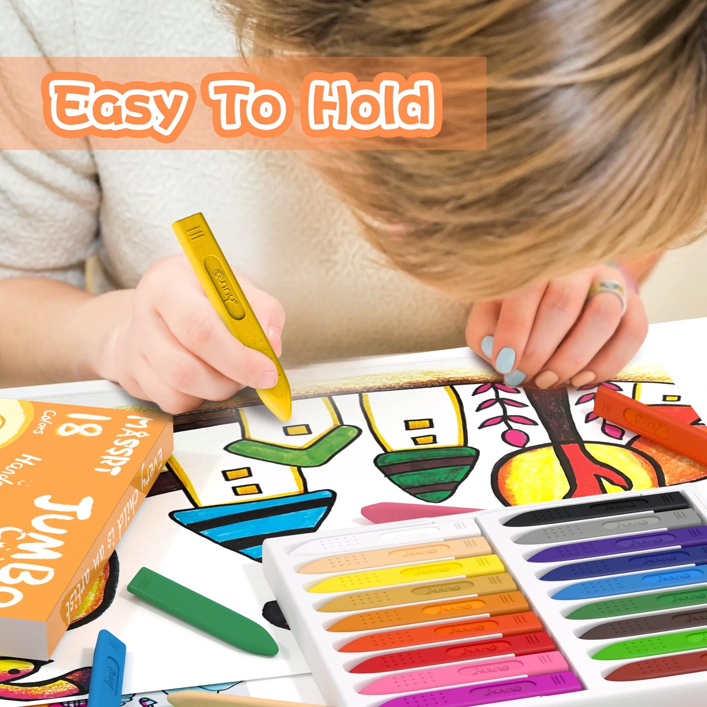 MASSRT Jumbo Triangle Crayons for Toddlers, 18 Mess-Free Colors, Non-Toxic, Easy to Hold, Washable, Ideal Coloring Gifts for Kids