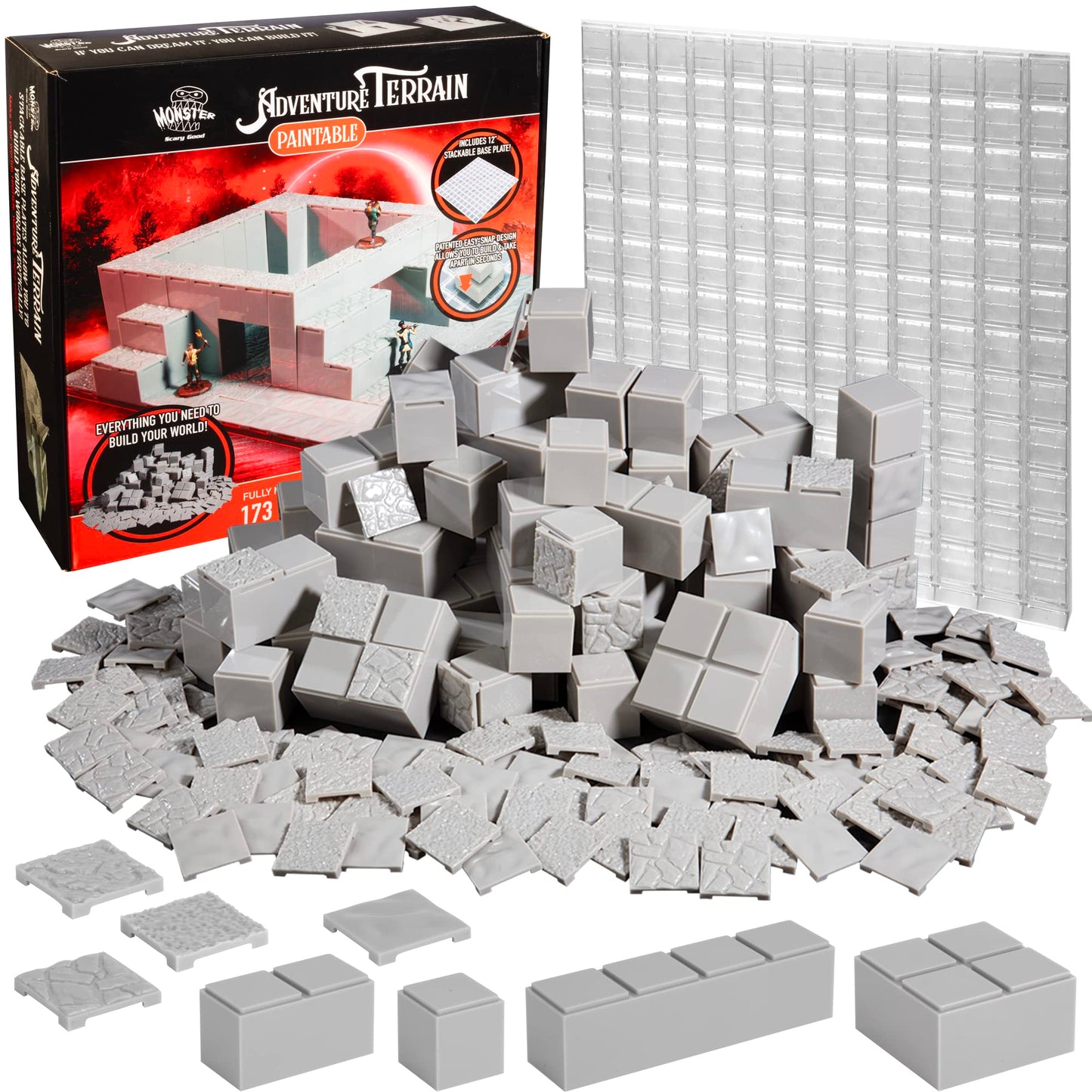 Monster Adventure Terrain - 173Pc Paintable Core Building Set W Baseplate- Fully Modular & Stackable 3-D Tabletop World Builder Compatible W Dnd Dungeons Dragons, Pathfinder, All Rpg Games, Gift