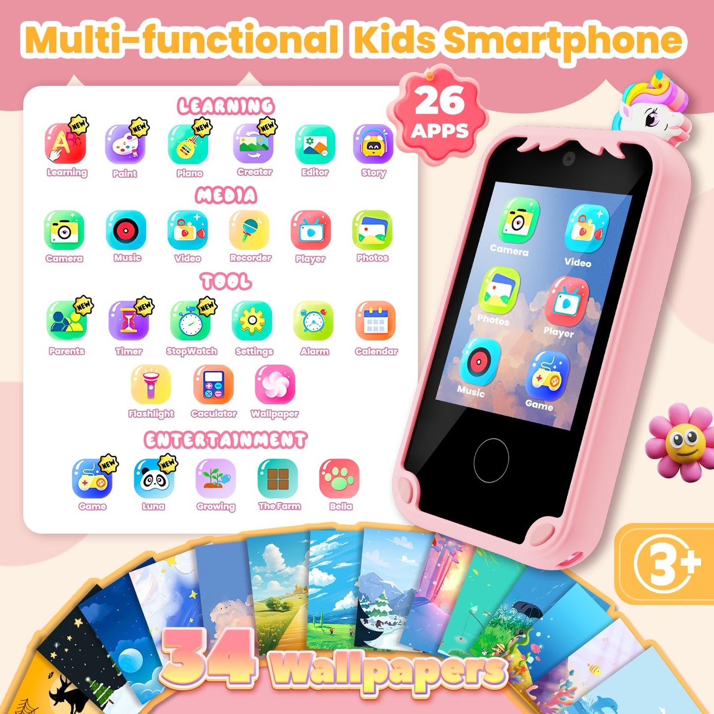 windpaint Kids Phone - Educational Smart Device, 2.8" Touchscreen, Music & Games, Small Size, Pink