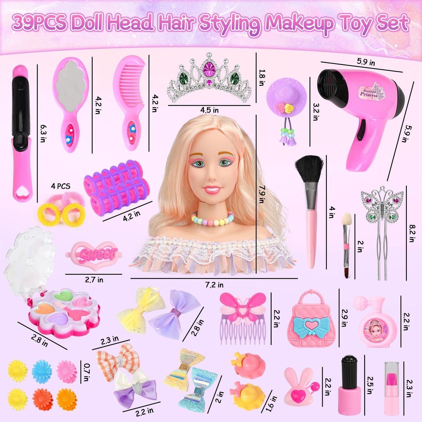 Everideals 39PCS Hair Styling Doll Head Makeup Kit for Girls,Pretend Play Hair Styling Set,with Hairdryer Curling Iron Crown Hai