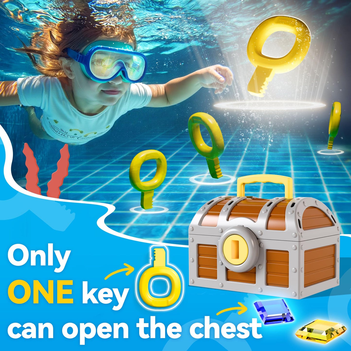 Pool Wave Kids Diving Pool Toy, Large Treasure Chest Water Dive Game W/Keys Gems Fish, Toddler Outdoor Swimming Treasure Box Pla