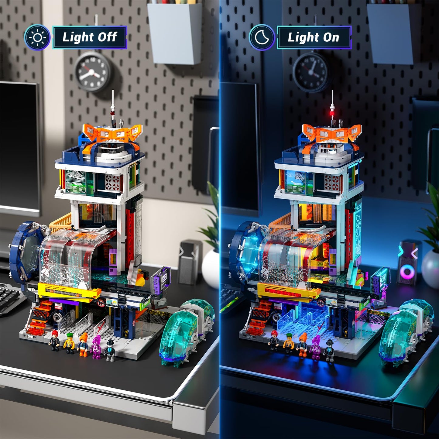 Lumibricks Cyberpunk Floating Train Station Set - 2760 Pcs LED Light Model L9098-EU, Neon Colors, Plastic, Medium Size for Sci-fi Lovers