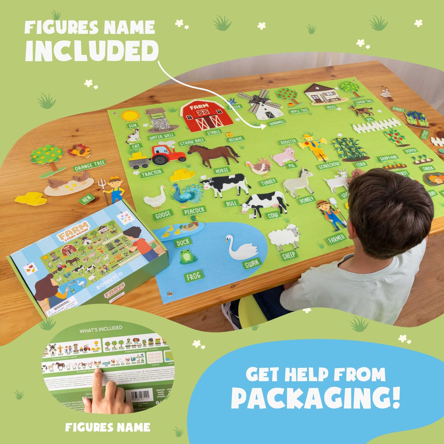 BONNYCO Felt Board for Toddlers with 92 Animal Farm Figures. Montessori and Sensory Toys, Birthday Gifts for Kids 3-8 Years Old.
