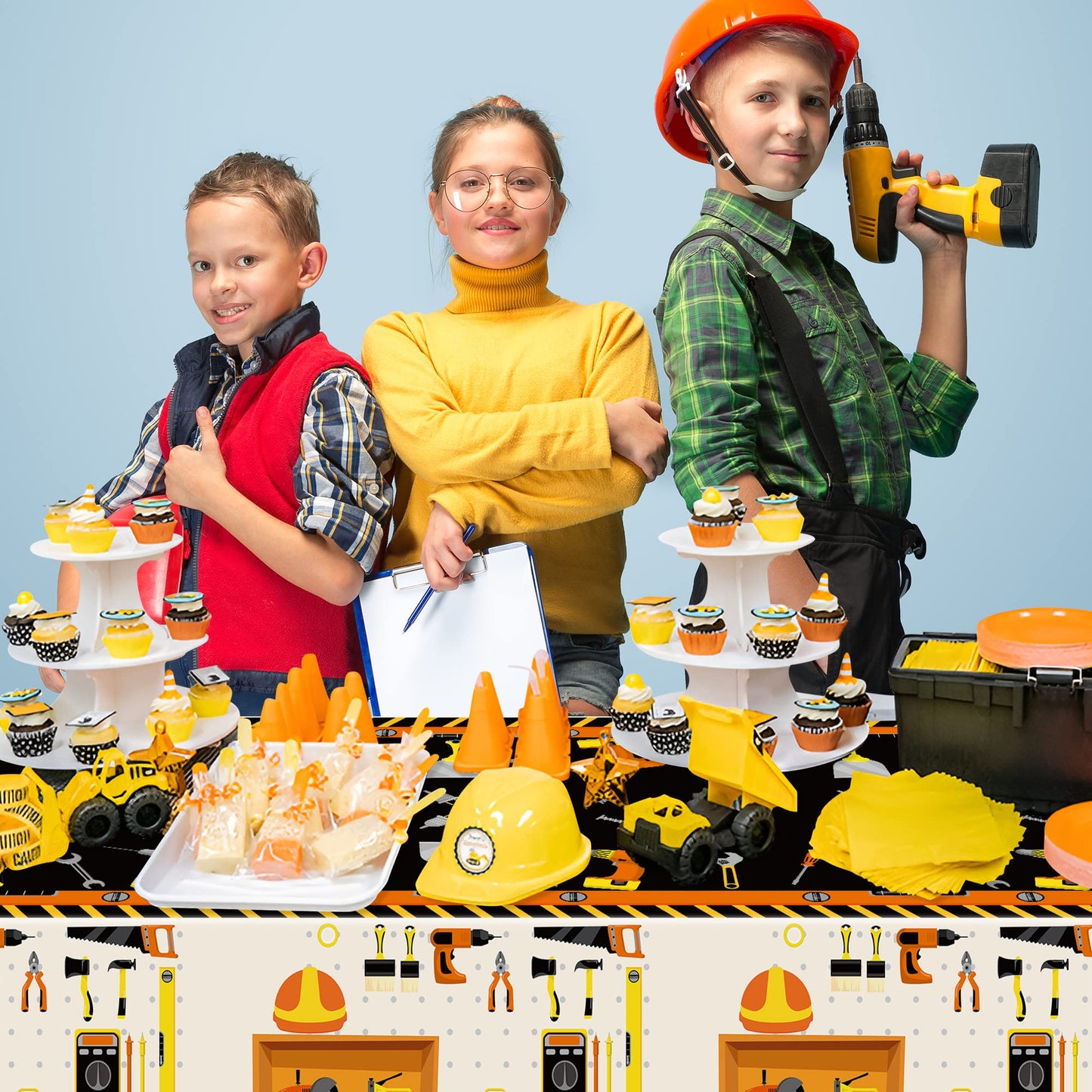 BkeeCten 3 Packs Tool Theme Plastic Tablecloths Decoration Waterproof Rectangle Cute Tool TableCover Design with Hard Hat, Nuts,