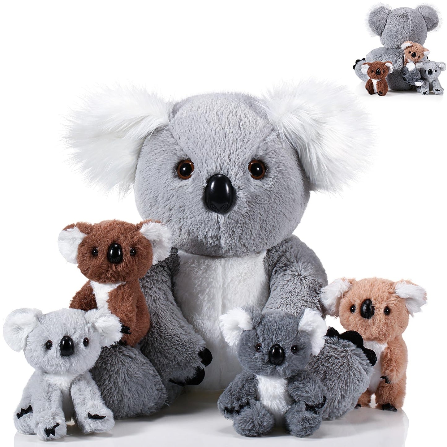 Lenwen 5 Pcs Koala Bear Stuffed Animal Set 12.6 Inch Mommy Koala Plush With 4 Cute Babies In Her Zippered Tummy Soft Cuddly Nursery Koala Plushie For Boys Girls Birthday Baby Shower Party Favor Gifts