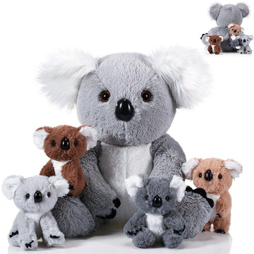 Lenwen 5 Pcs Koala Bear Stuffed Animal Set 12.6 Inch Mommy Koala Plush With 4 Cute Babies In Her Zippered Tummy Soft Cuddly Nursery Koala Plushie For Boys Girls Birthday Baby Shower Party Favor Gifts