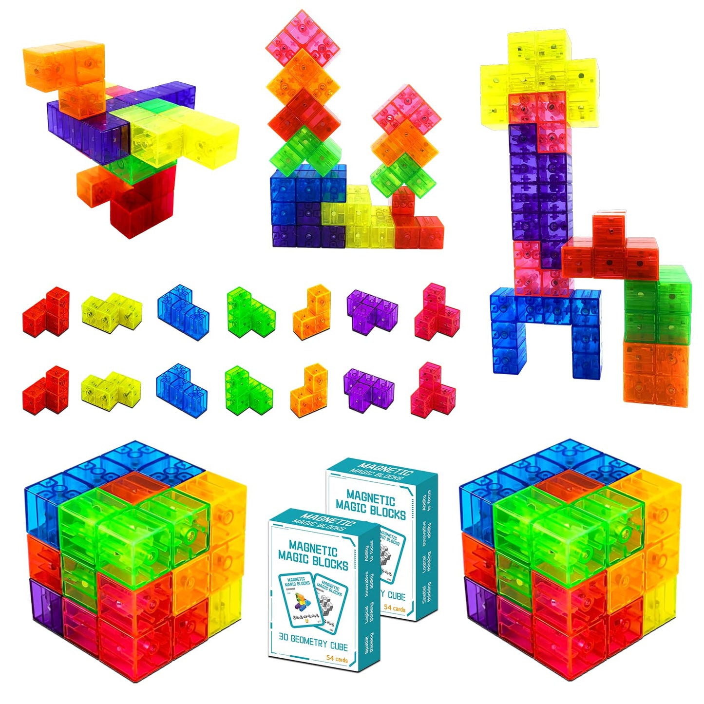 Ouxia Magnetic Building Blocks Magic Magnetic 3D Puzzle Cubes, Set Of 14 Multi Shapes Magnetics Blocks With 108 Guide Cards,Pare