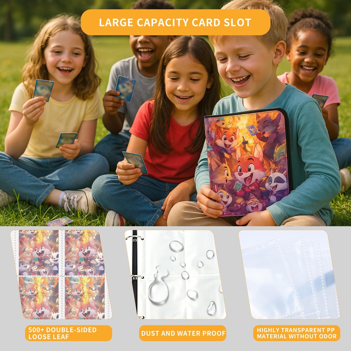 504 double-sided loose leaf Collector Album 4 Pocket Card Binder Advanced Zipper Card Binding Device TCG sports trading card binder(Cartoon style) (4-color-504)