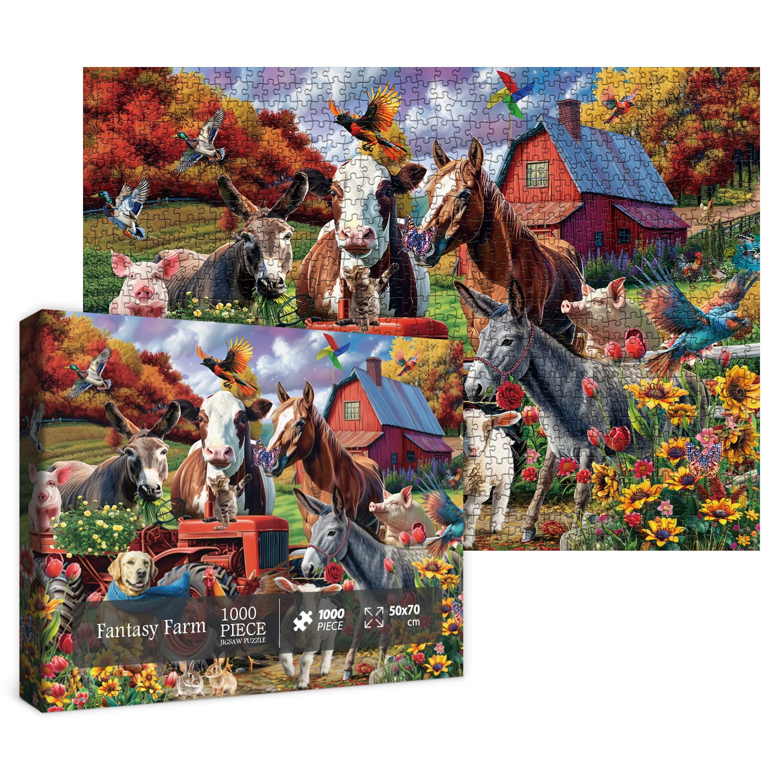 Magic Fall Farm Animal Puzzles for Adults 1000 Pieces Nature, Fantasy Autumn Landscape Art Jigsaw Puzzles, Funny Puppy Bird Cat 