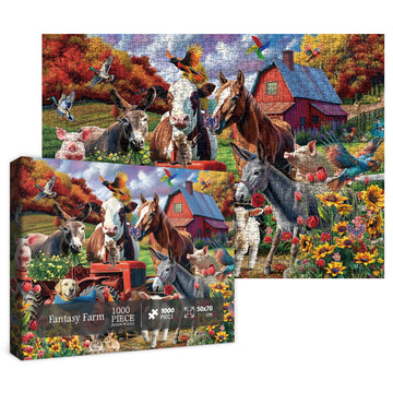 Magic Fall Farm Animal Puzzles for Adults 1000 Pieces Nature, Fantasy Autumn Landscape Art Jigsaw Puzzles, Funny Puppy Bird Cat 