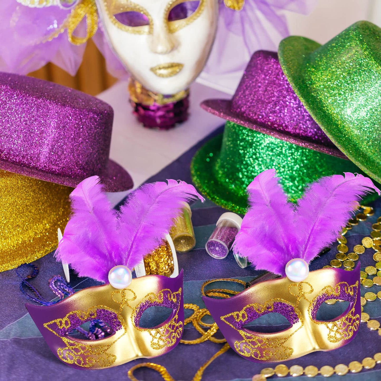 24 Pieces Mini Masks Masquerade Mini Mask Small Masquerade Mask Cake Toppers Decorative Mini Mask Mardi Gras Party Decor (Purple
