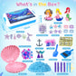 Mermaid Sensory Bin, Play Sand Art Kit with Sandbox & Accessories & Tools & Colorful Sea Shell Conch Starfish Gems Toys Set, Ind