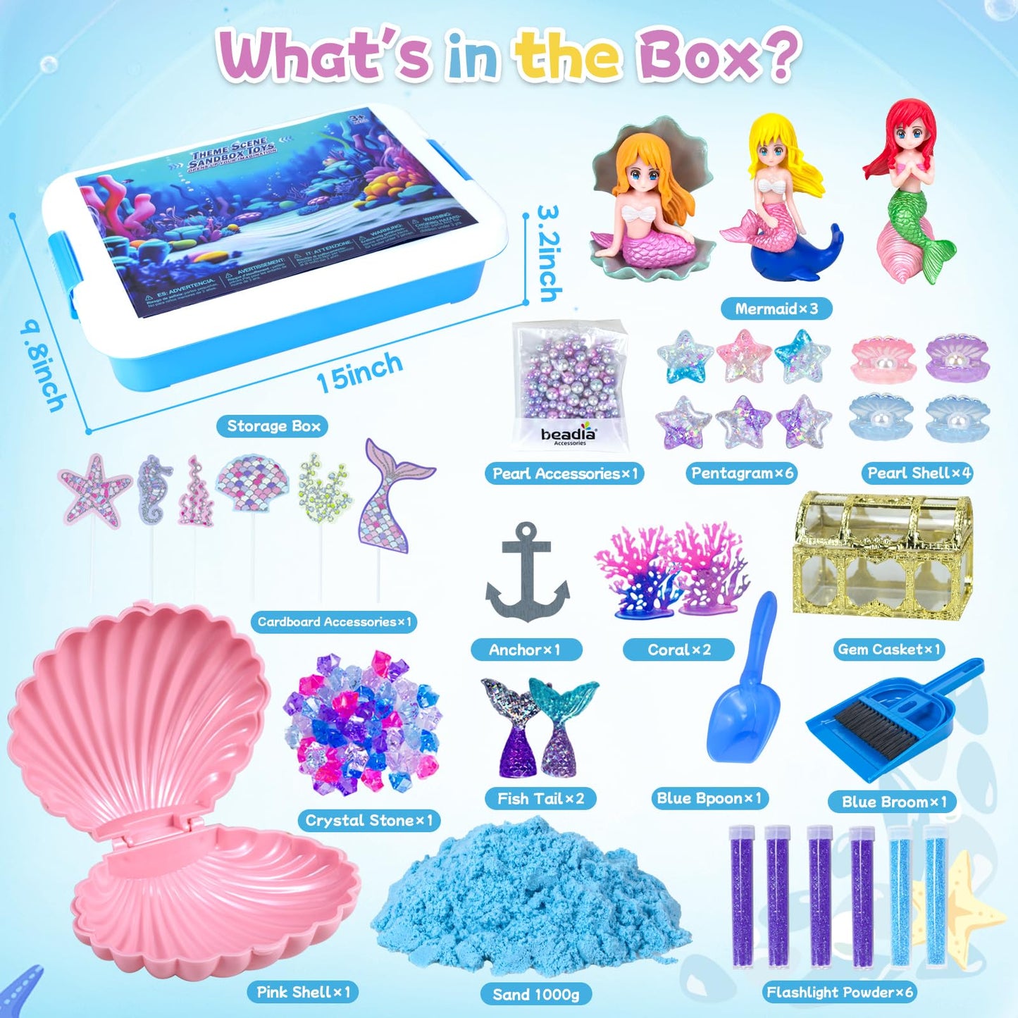 Mermaid Sensory Bin, Play Sand Art Kit with Sandbox & Accessories & Tools & Colorful Sea Shell Conch Starfish Gems Toys Set, Ind