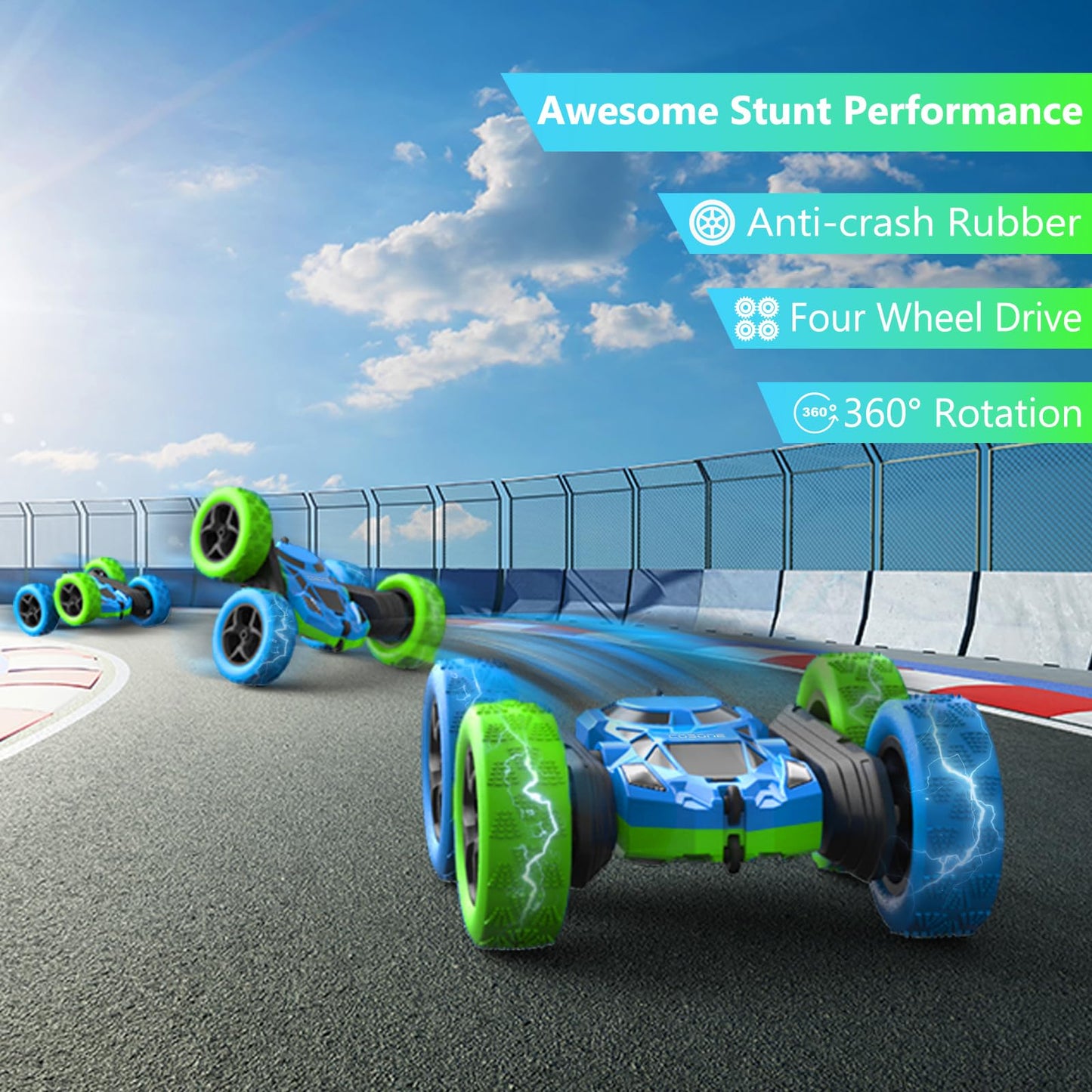 cosone Remote Control Car Toys for Boys - 4WD 2.4Ghz Double Sided 360 Rotating All Terrain RC Cars with Cool Lights, Kids Birthd