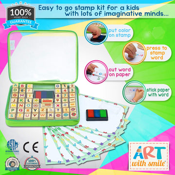 Large Wooden Stamp Premium Set For Kids. 72 Pcs Alphabet Stamps. Letters, Numbers, 3-Color Washable Ink Pad, 3 Refill Bottles, Activity Book. Ideal Creativity Kit For Back To School