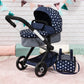 Bayer Design Dolls: Pram Xeo - Blue & White Stars - Dolls Up To 18'', Shoulder Bag, Convertible To Pushchair, Adjustable Handle,