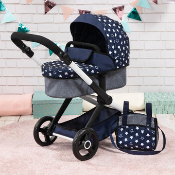 Bayer Design Dolls: Pram Xeo - Blue & White Stars - Dolls Up To 18'', Shoulder Bag, Convertible To Pushchair, Adjustable Handle,