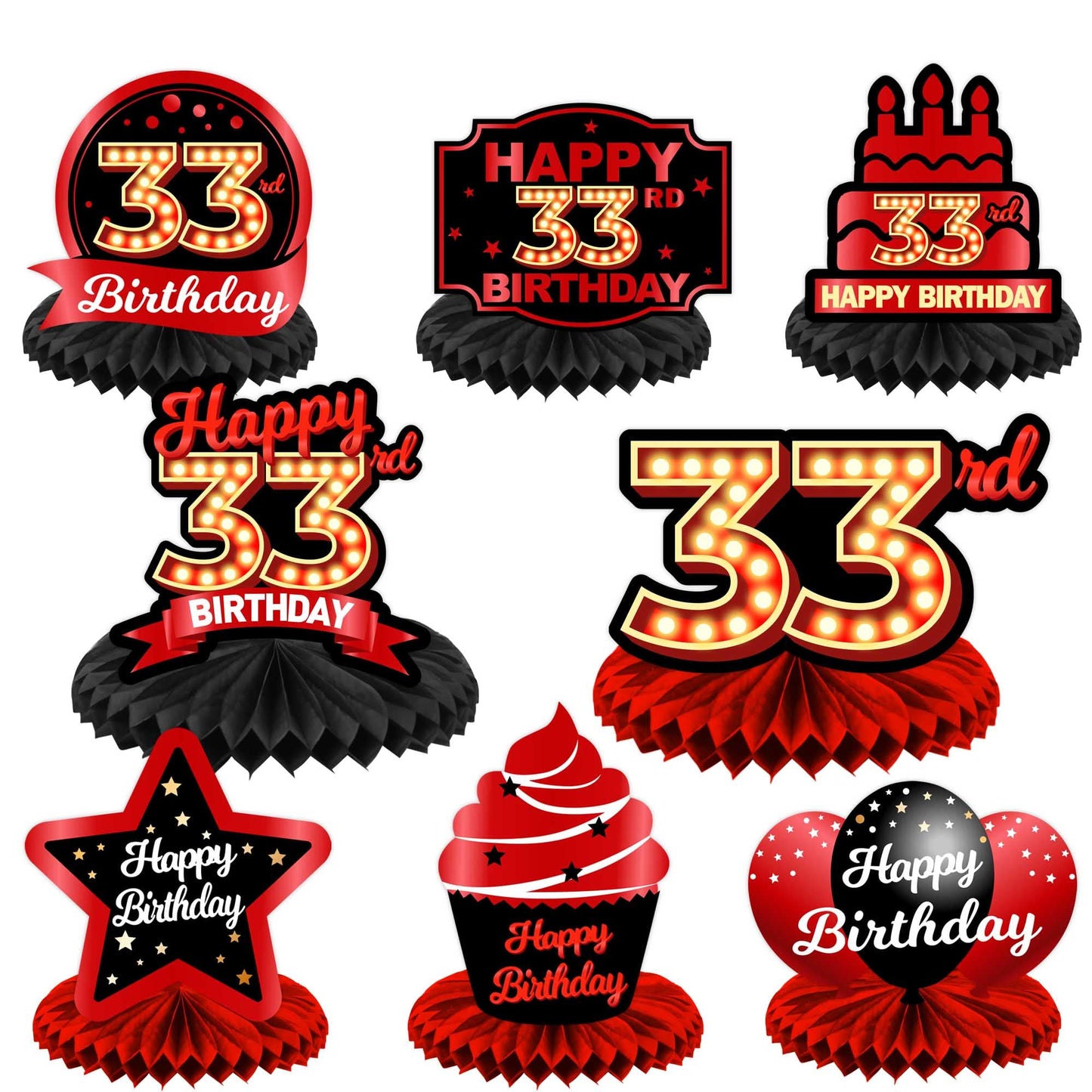 Happy 33rd Birthday Red and Black Table Honeycomb Centerpieces Balloons Theme Decor Table Decorations Table Toppers for Girls Wo