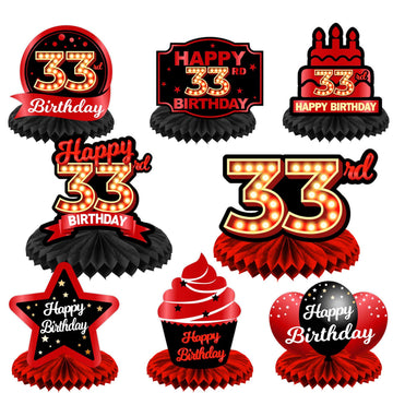 Happy 33rd Birthday Red and Black Table Honeycomb Centerpieces Balloons Theme Decor Table Decorations Table Toppers for Girls Wo