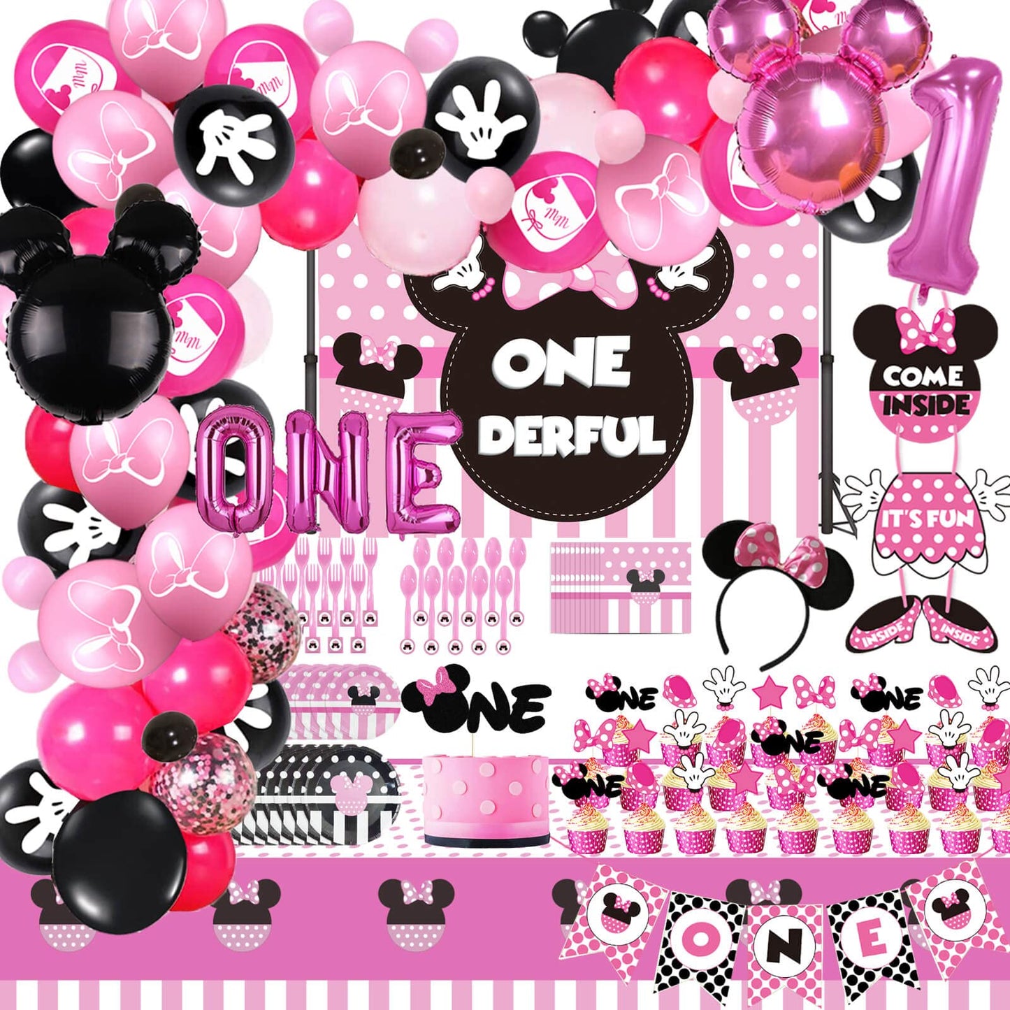 LetDec 185 Pcs Pink 1st Birthday Party Decorations Kit, Balloon Arch, Tableware, Paper, Model HTMYM1BPD328, Perfect for Girls' First Birthday