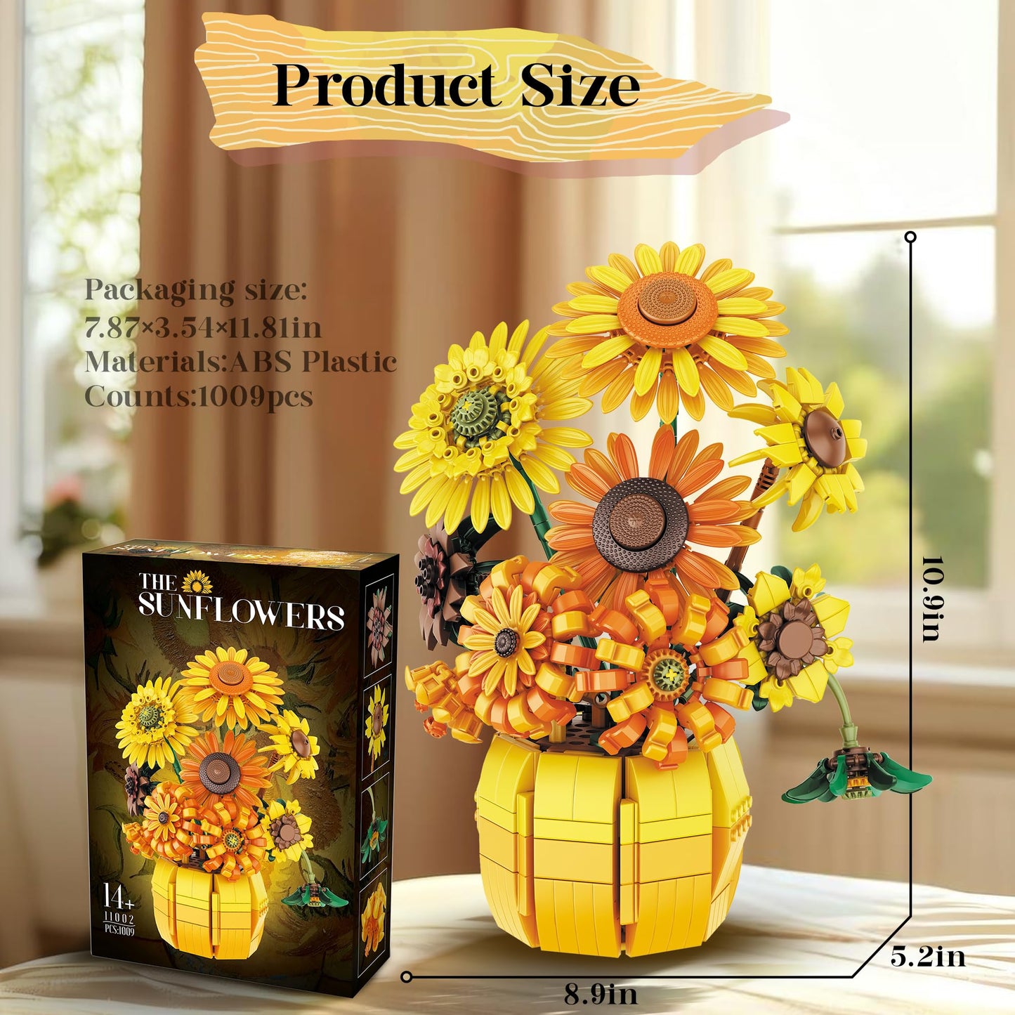 chanbrick Sunflower Building Set Flowers with Vase Van Gogh Botanical Collection for mature-themed -1009pcs Compatible with Lego