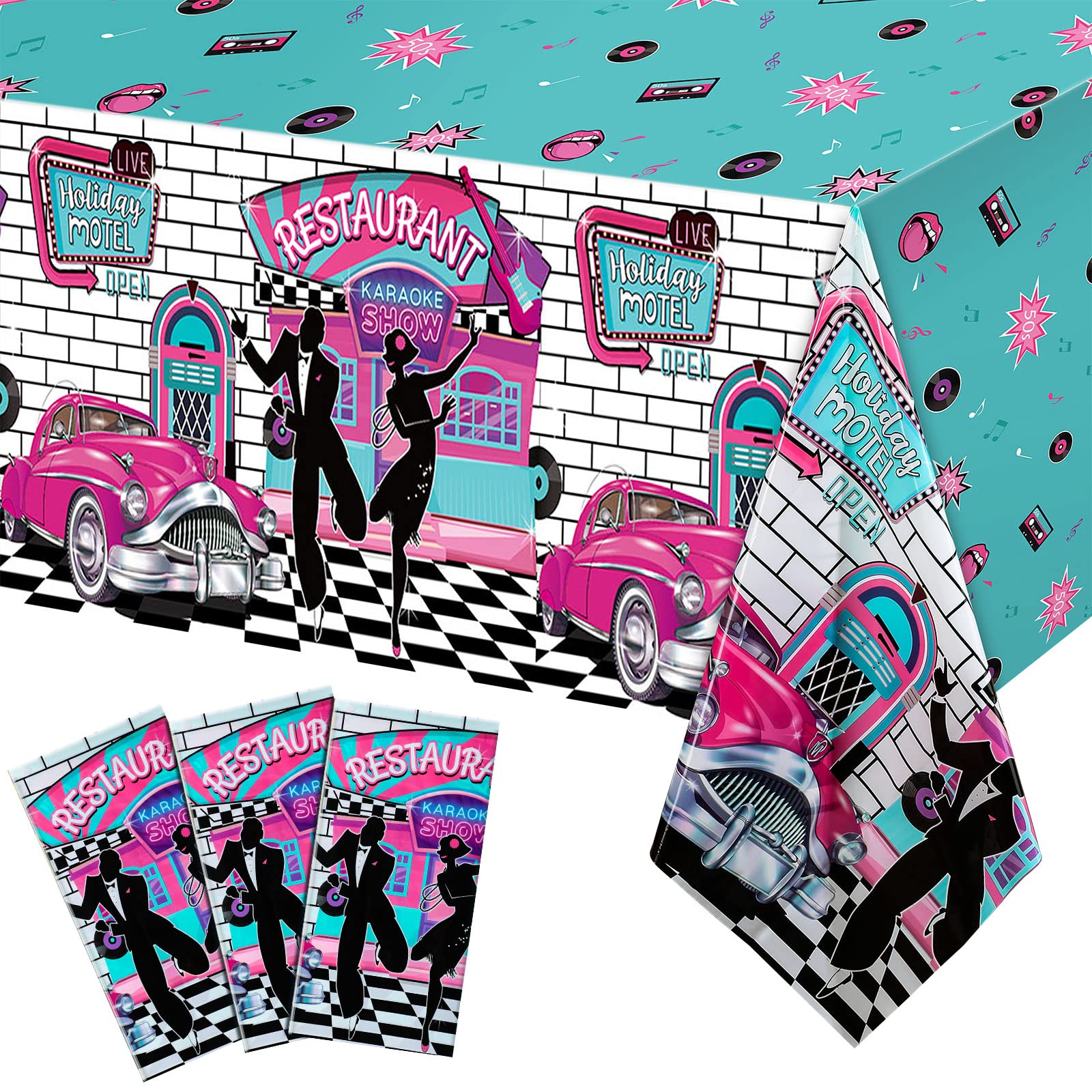 3 Pieces 50s Tablecloth 50s Party Decorations Rock and Roll Party Table Cover Large 1950s Plastic Tablecloth Back to 50s Rock