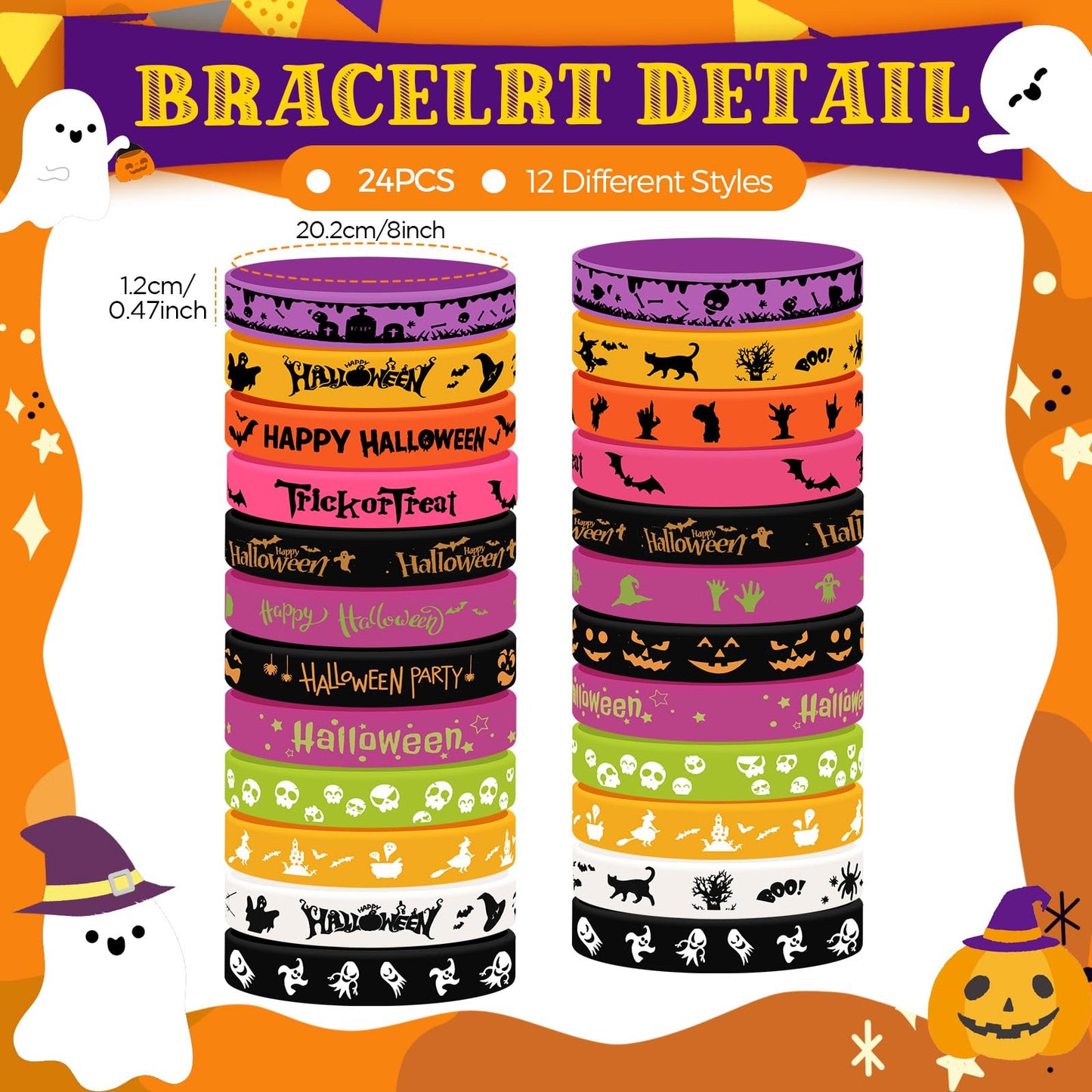 48 Pcs Halloween Pencils Halloween Rubber Bracelets Set Halloween Party Favors for Kids Ghost Pumpkin Skeleton Bat Spider Pencil
