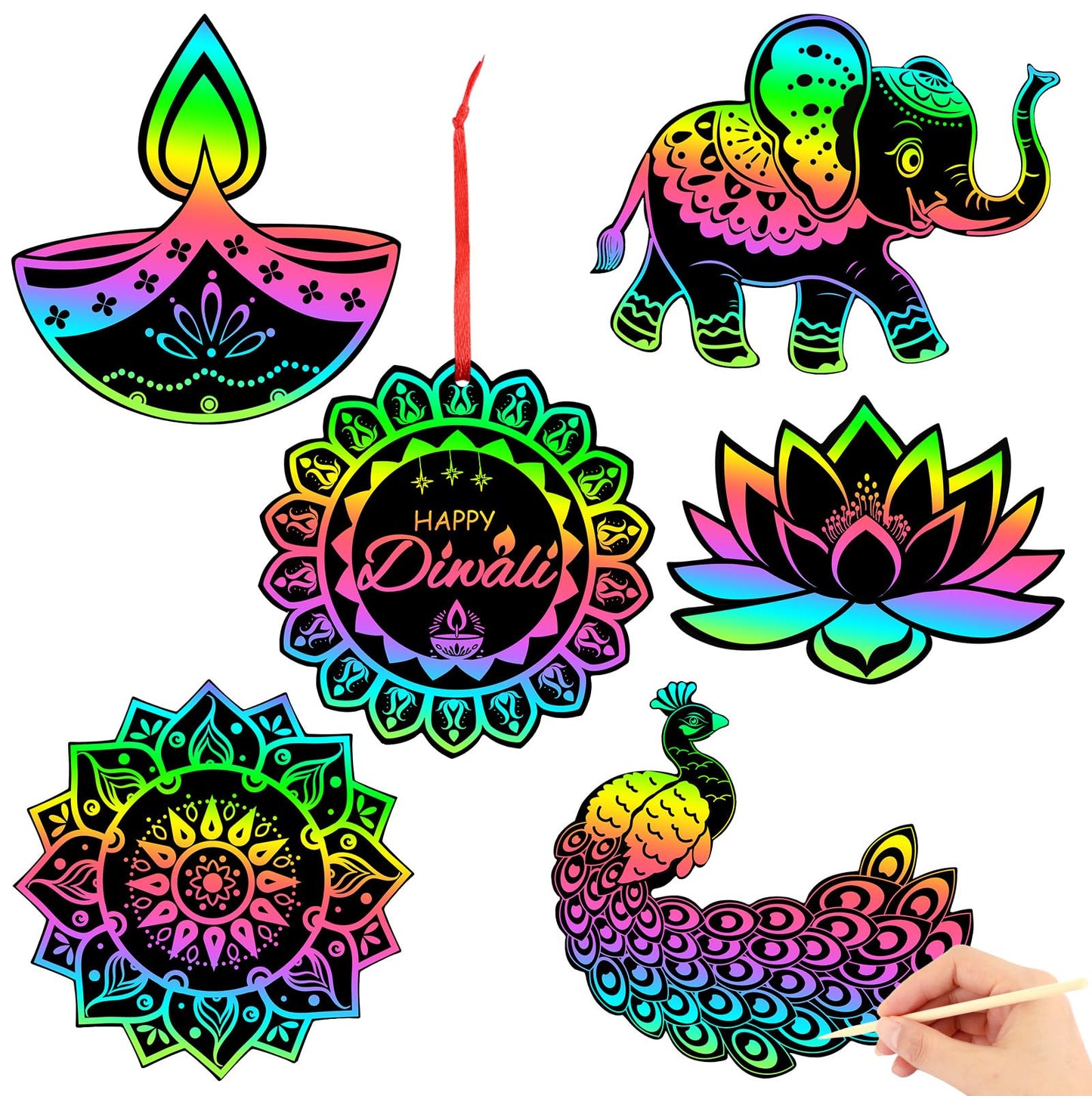 JULMELON 36 PCS Diwali Crafts, Rainbow Scratch Art DIY Scratch Paper Cards Magic Color Diwali Gifts Arts and Craft Kits Bulk Hap