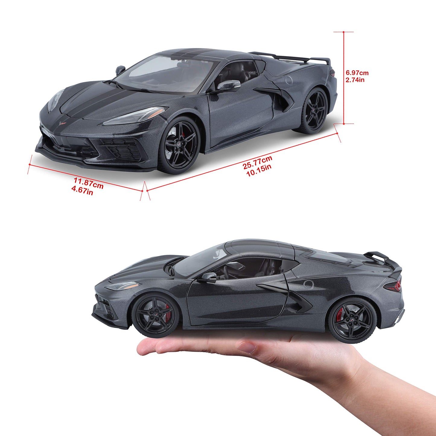 2020 Chevrolet Corvette Stingray C8 Dark Gray Metallic with Racing Stripes 1/18 Diecast Model Car by Maisto