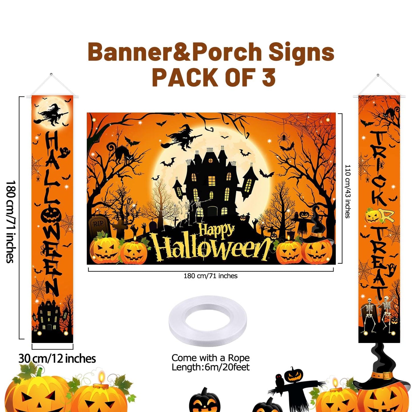 Avezano Halloween Decorations 3Pcs Happy Halloween Banner Trick or Treat Porch Signs Halloween Door Banner Halloween Party Decor