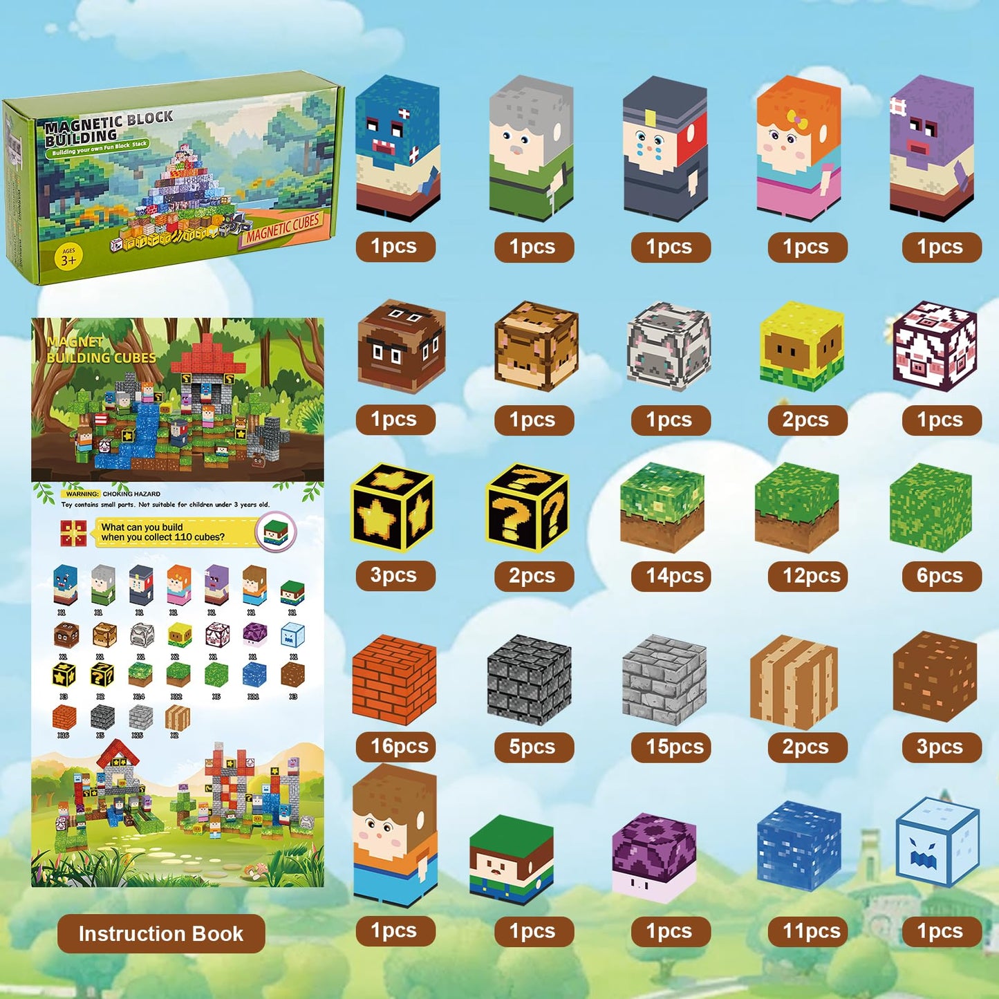 Itefdtutne Magnetic Blocks - 110Pcs Magnets Building Blocks World Set For Kids Ages 3-5 5-7 8-12, Magnetic Tiles Magnetic Block
