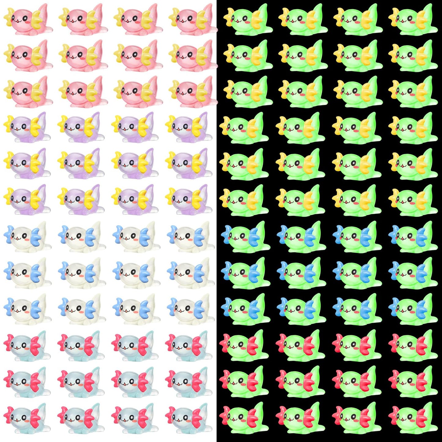 Ferraycle Mini Resin Axolotl Charms - 100 Pcs Luminous Tiny Animal Figurines for DIY Projects, Small, Diverse Colors