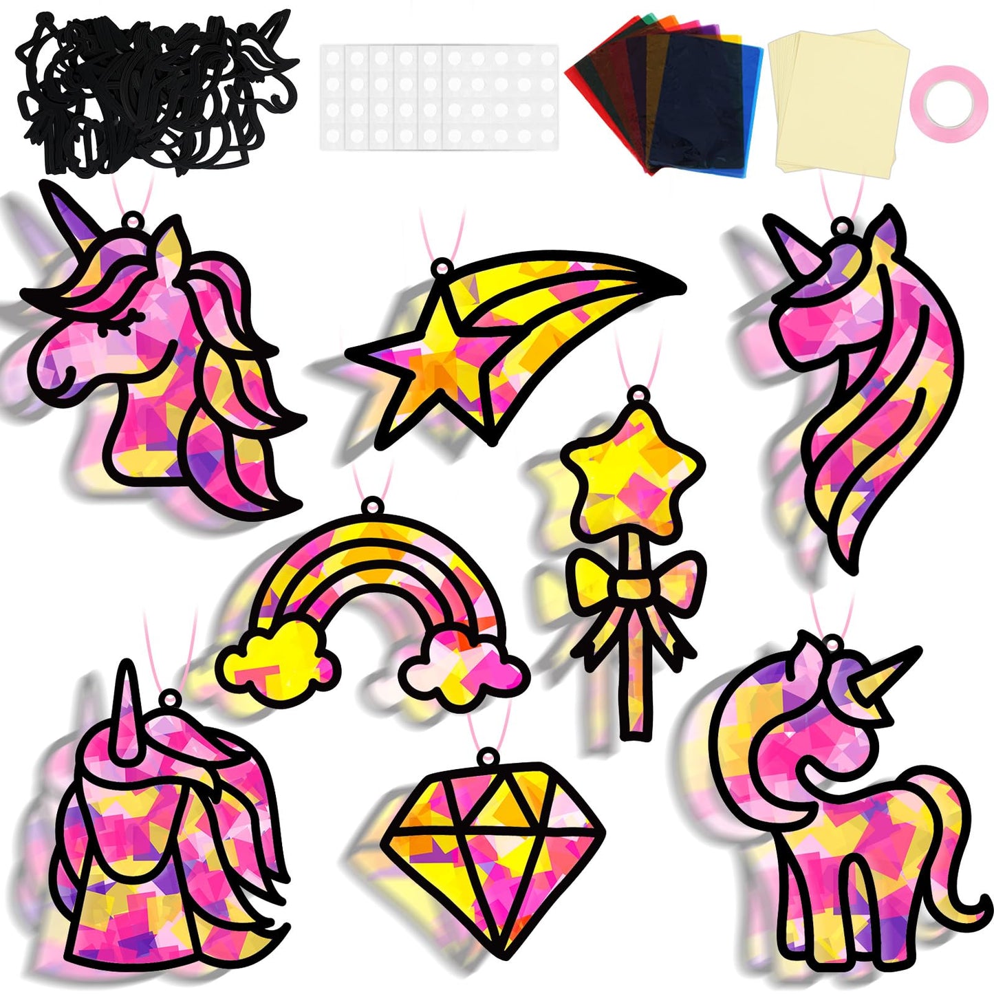 QOUBAI 32 Sets Unicorn Rainbow Suncatchers Craft Kit DIY Window Stained Glass Effect Diamond Star bow Paper Crafts Home School C
