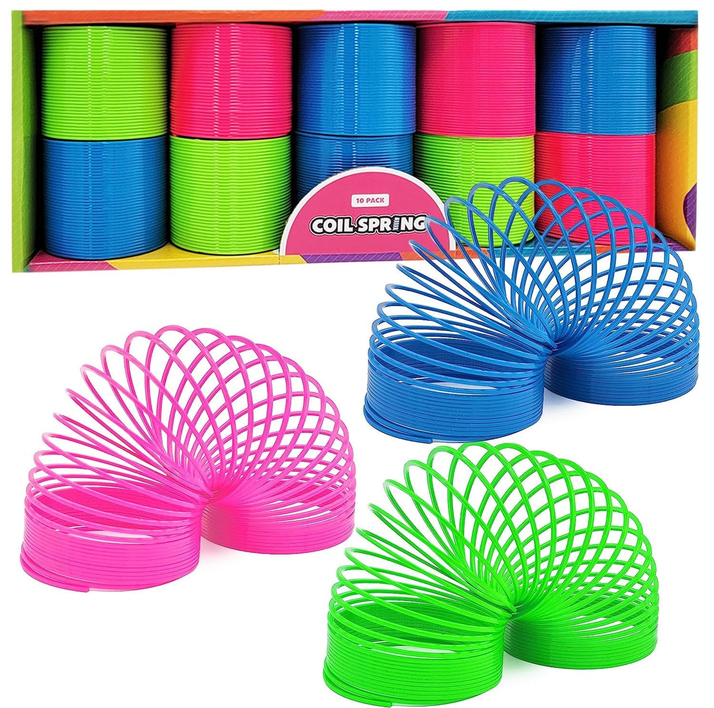 The Dreidel Company Neon Plastic Multicolor Coil Spring, Goody Bag Fillers, Party Favor for Kids, 3'' Inches (80mm) (6-Pack)