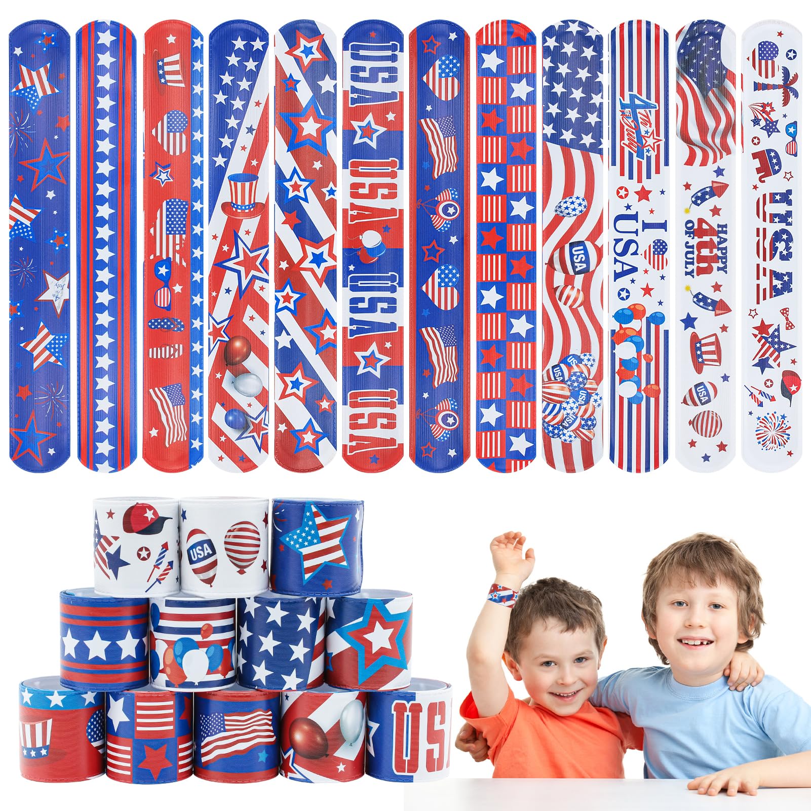 4th of July Party Favors Slap Bracelets for Kids 36PCS Red White and Blue American Flag Patriotic Snap Bracelet Bulk Independenc