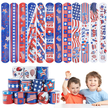 4th of July Party Favors Slap Bracelets for Kids 36PCS Red White and Blue American Flag Patriotic Snap Bracelet Bulk Independenc