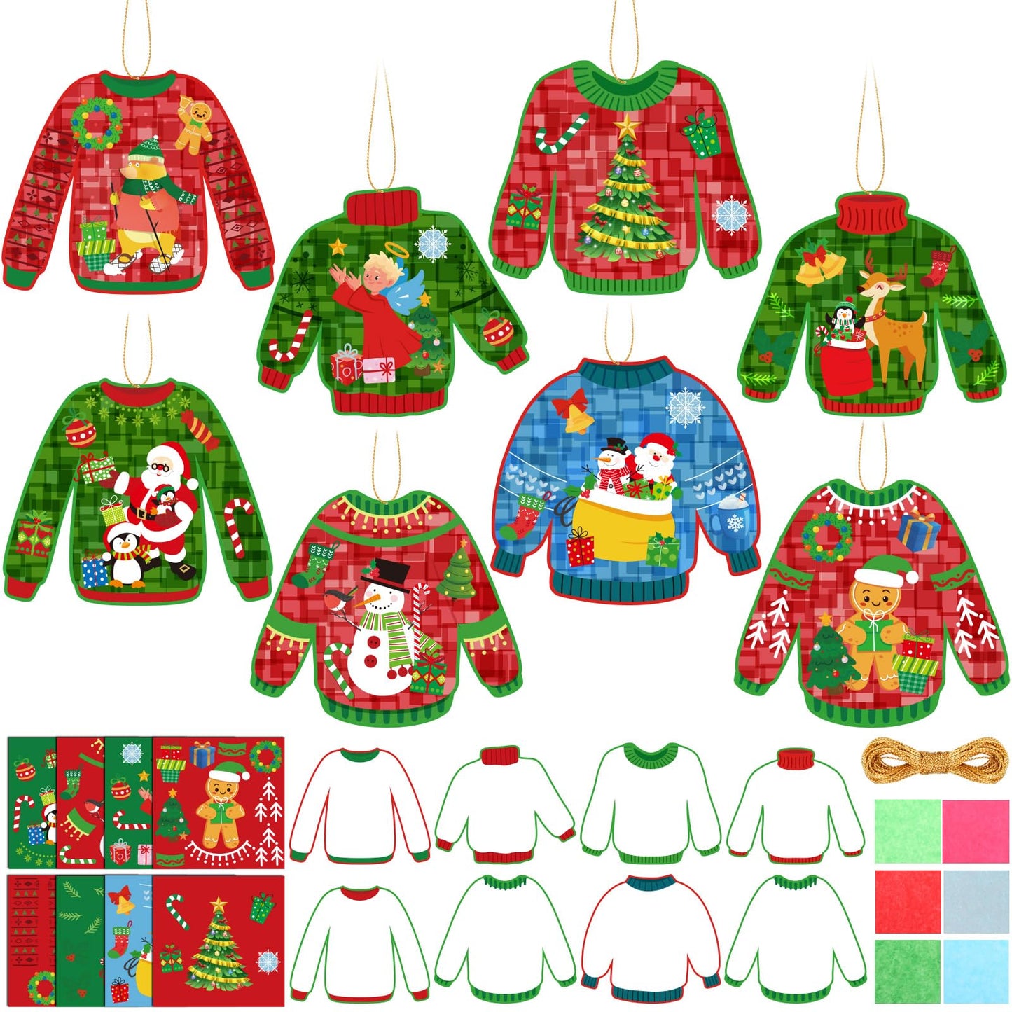 DoubleFill 48 Sets Christmas Ugly Sweaters Suncatchers Craft Kit Christmas Tree Ornaments Stained Glass Xmas Window Arts and Cra